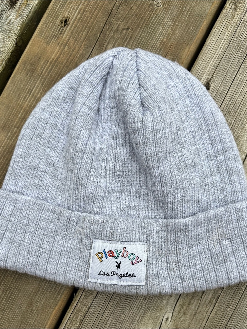 PLAYBOY Light Gray Knit Beanie with Colorful Logo Patch